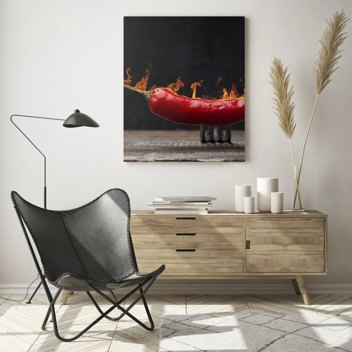 Impression sur verre - Image sur verre - Piment rouge brûlant sur fond noir - 50x70cm - Un apéritif enflammé - Décoration murale moderne pour le salon et la chambre ARTTOR