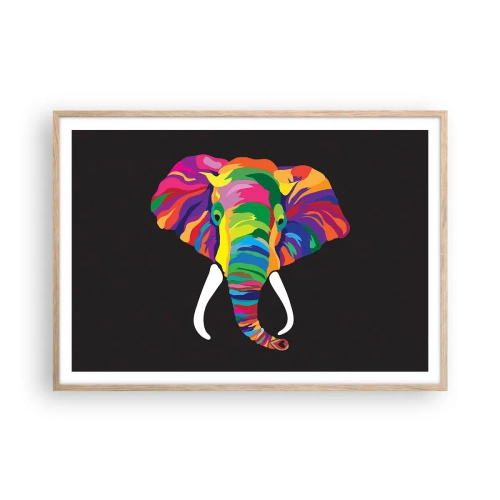 Affiche dans un chêne clair - Poster - L'éléphant qui aimait se baigner dans un arc-en-ciel - 100x70 cm
