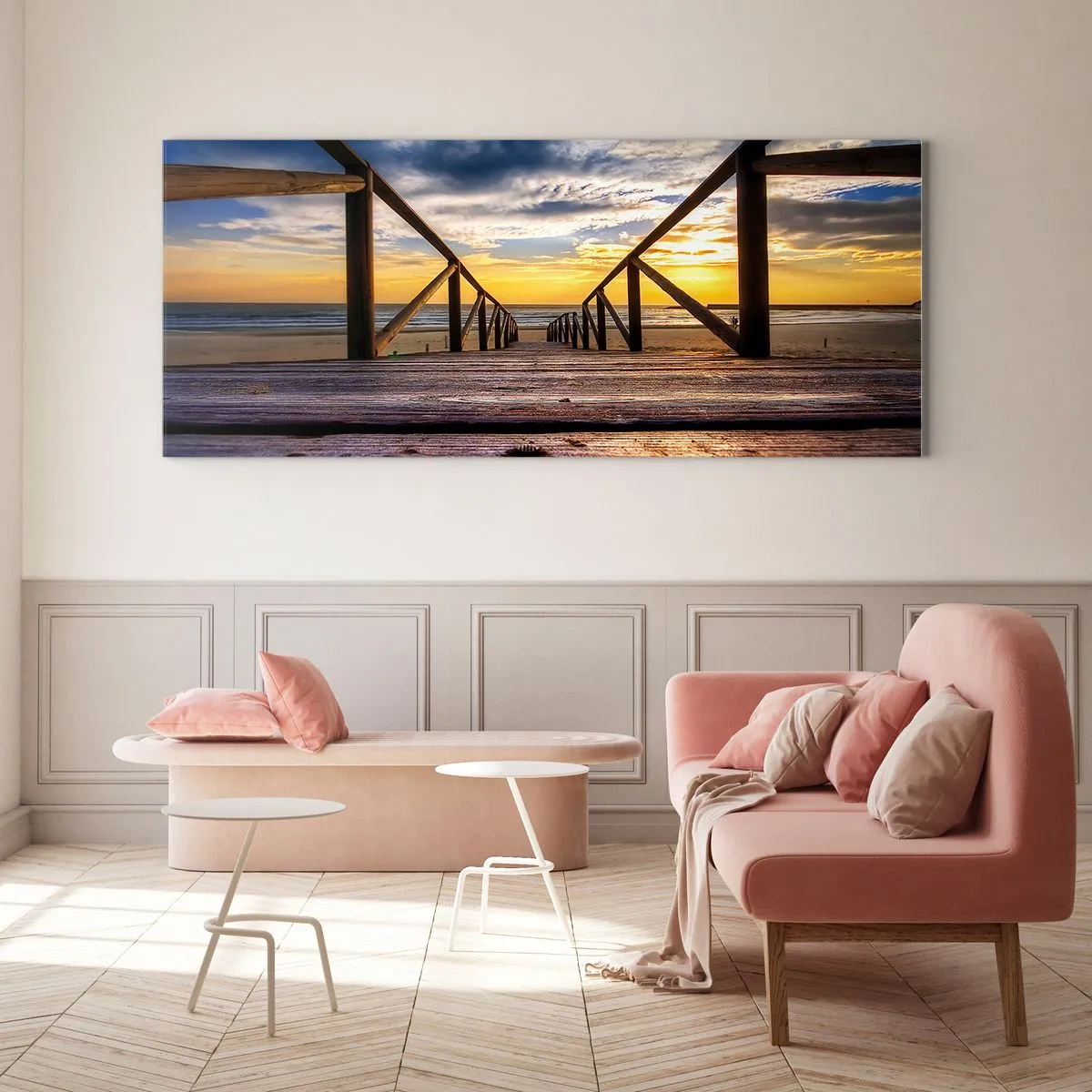 Impression sur verre - Image sur verre - Directement sur une plage calme au coucher de soleil - 90x30 cm