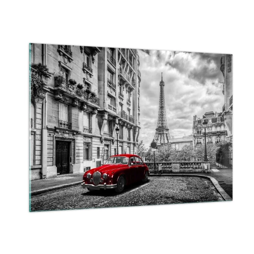 Impression sur verre - Image sur verre - Voiture rouge devant la Tour Eiffel à Paris en noir et blanc - 100x70cm - Prédateur dans la ville - Décoration murale moderne pour le salon et la chambre ARTTOR