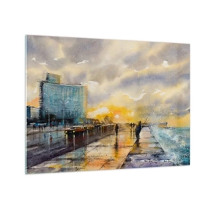 Impression sur verre - Image sur verre - Aquarelle d'une ville balnéaire avec coucher de soleil - 70x50cm - La vie sur le rivage - Décoration murale moderne pour le salon et la chambre ARTTOR