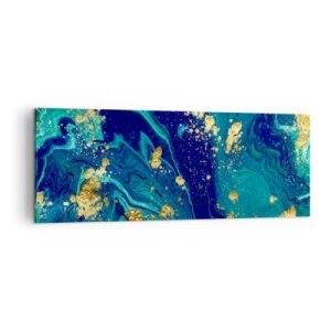 Impression sur toile - Image sur toile - Une composition abstraite avec des accents bleus, verts et dorés. - 140x50cm - Les pétales du soleil - Décoration murale moderne pour le salon et la chambre ARTTOR