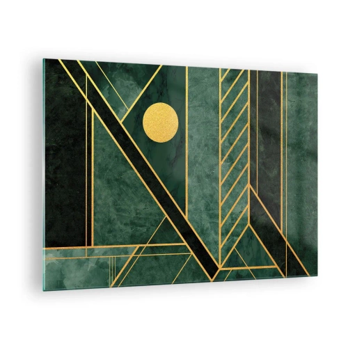 Impression sur verre - Image sur verre - Abstraction géométrique verte et dorée dans le style Art Déco - 70x50cm - Dynamique or et azur - Décoration murale moderne pour le salon et la chambre ARTTOR