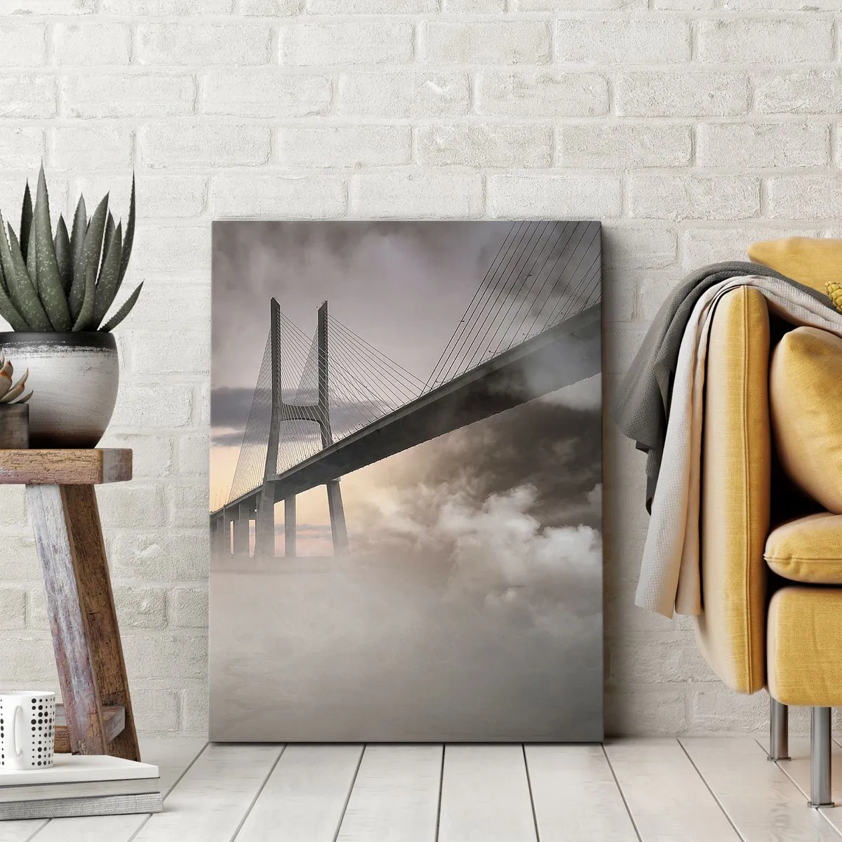 Impression sur toile - Image sur toile - Un pont sur une rivière entouré de brouillard le matin - 80x120cm - Sur la rivière qui n'existe pas - Décoration murale moderne pour le salon et la chambre ARTTOR