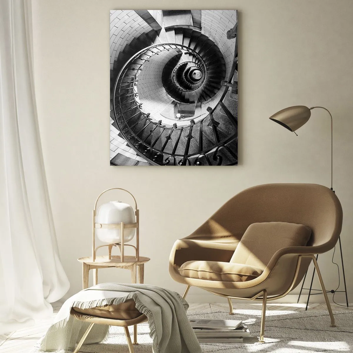 Impression sur verre - Image sur verre - Photo en noir et blanc d'un escalier en colimaçon en perspective - 50x70cm - De plus en plus haut - Décoration murale moderne pour le salon et la chambre ARTTOR