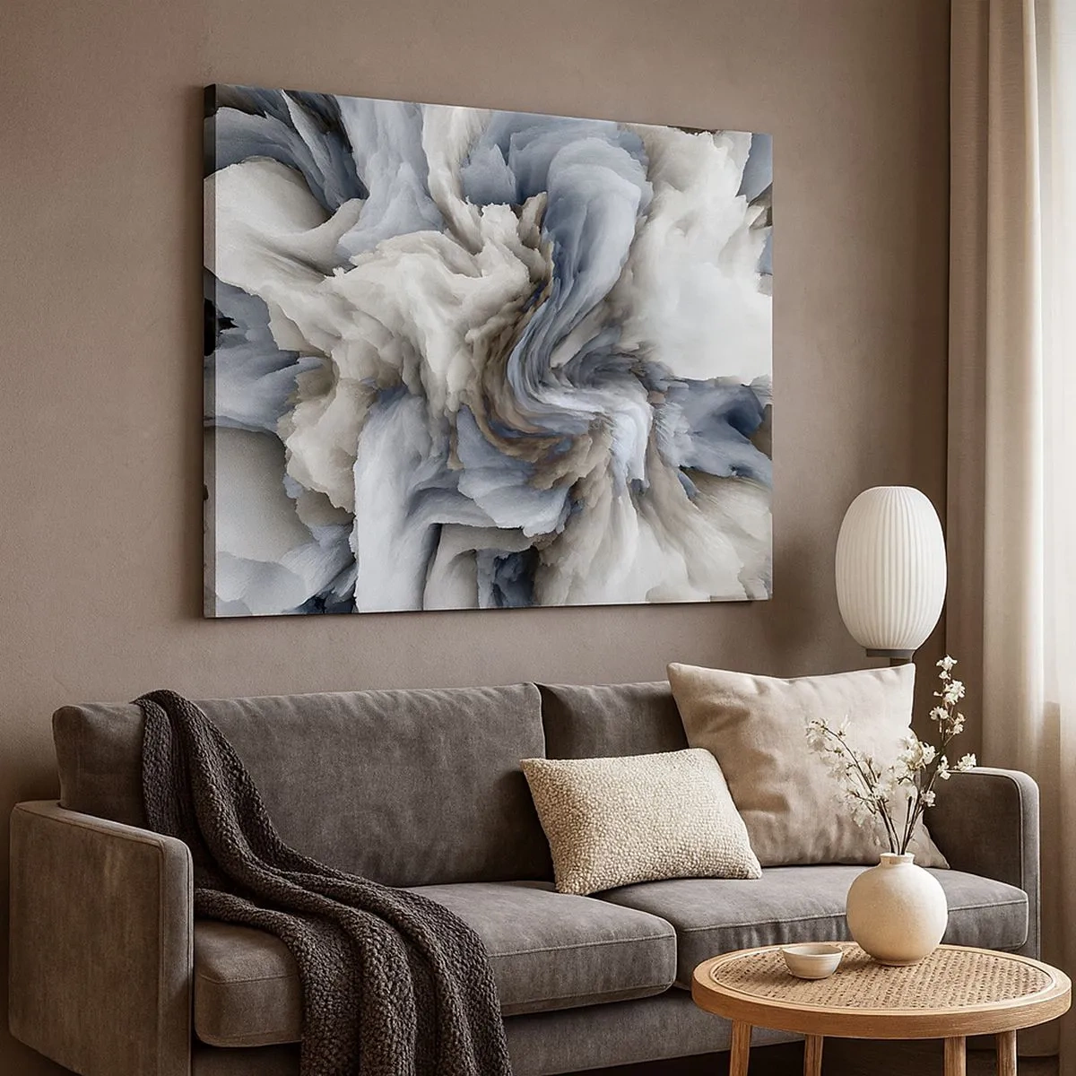 Impression sur toile - Image sur toile - Tourbillon abstrait dans les tons de gris et de bleu - 70x50cm - Pierre et fleur - Décoration murale moderne pour le salon et la chambre ARTTOR