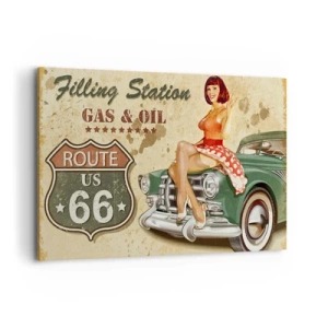 Impression sur toile - Image sur toile - Affiche rétro de la Route 66 avec une pin-up et une voiture - 120x80cm - Les superbes années 40. - Décoration murale moderne pour le salon et la chambre ARTTOR