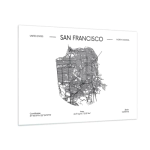 Impression sur verre - Image sur verre - Une carte minimaliste des rues de San Francisco - 70x50cm - Anatomie de San Fransisco - Décoration murale moderne pour le salon et la chambre ARTTOR