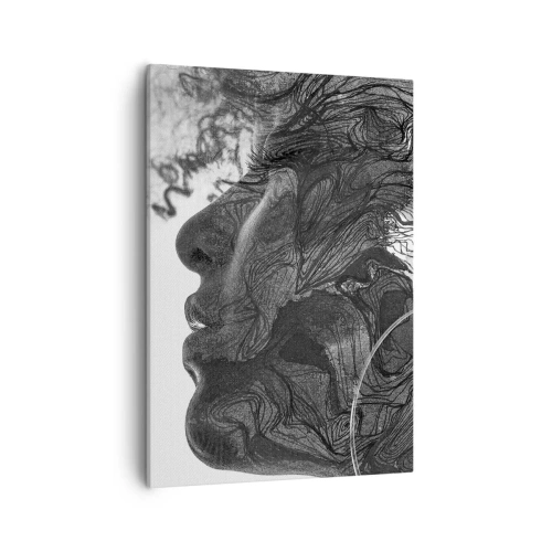 Impression sur toile - Image sur toile - Visage abstrait en noir et blanc avec des lignes dynamiques. - 50x70cm - Emmêlé dans les rêves - Décoration murale moderne pour le salon et la chambre ARTTOR