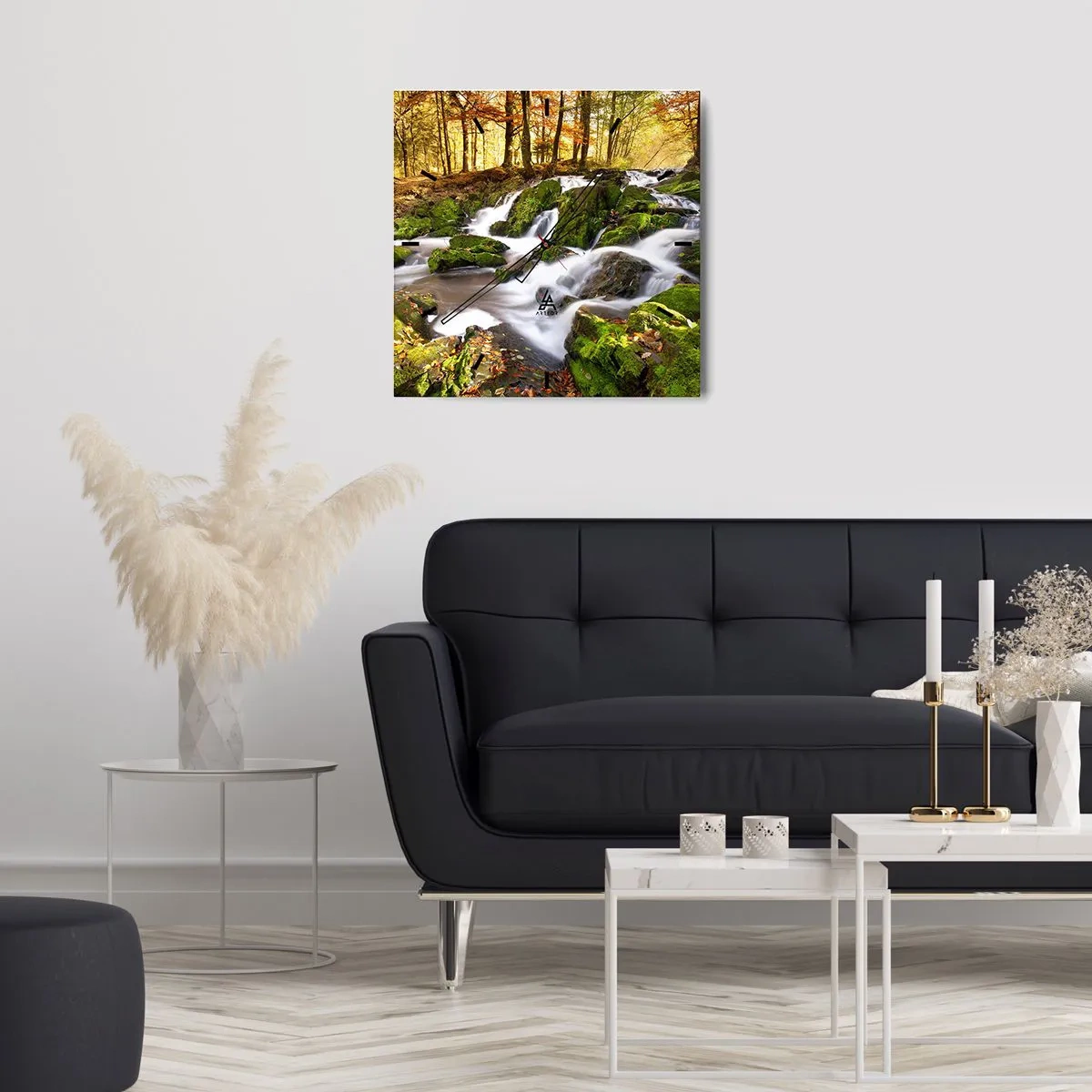 Horloge murale - Pendule murale - Un paysage boisé avec une cascade entourée de mousse - 30x30cm - Rapidement à travers la forêt d'automne - Décoration murale moderne pour le salon et la chambre ARTTOR