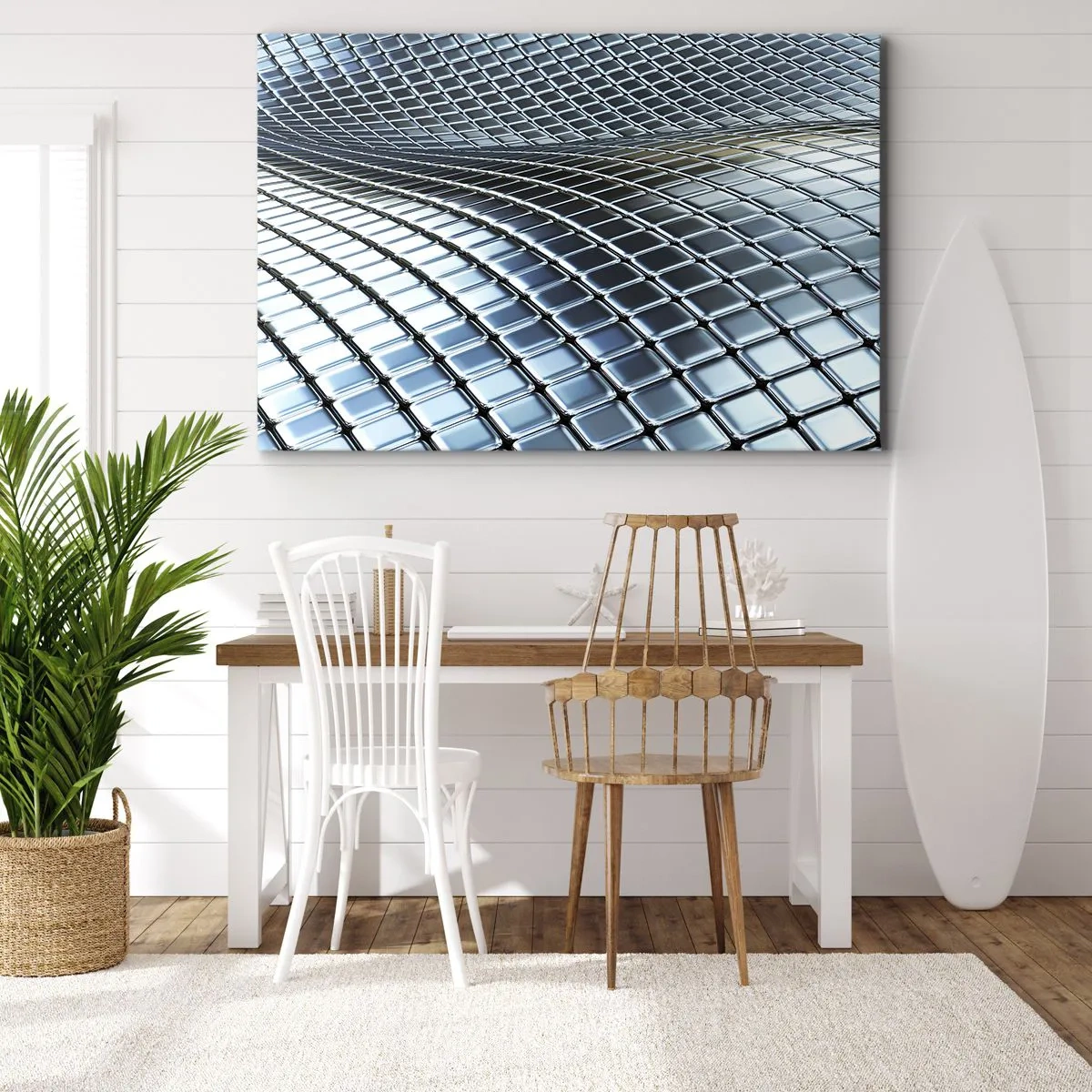 Impression sur toile - Image sur toile - Structure moderne composée de carrés métalliques - 70x50cm - Vague argent métallique - Décoration murale moderne pour le salon et la chambre ARTTOR