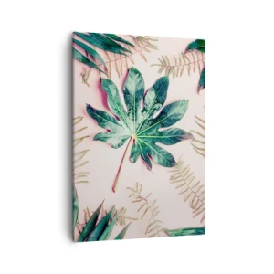 Impression sur toile - Image sur toile - Feuilles tropicales sur fond pastel clair - 50x70cm - Étude de verdure sur fond rose - Décoration murale moderne pour le salon et la chambre ARTTOR