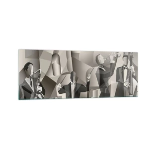 Impression sur verre - Image sur verre - Scène abstraite avec des musiciens de jazz dans des tons de gris. - 140x50cm - Dans l'espace des sons - Décoration murale moderne pour le salon et la chambre ARTTOR