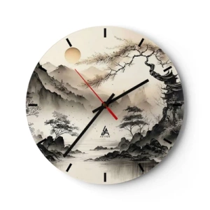 Horloge murale - Pendule murale - Peinture à l'encre de Chine représentant un paysage de montagne avec une pagode et une vallée brumeuse - 30x30cm - Le charme unique de l'Orient - Décoration murale moderne pour le salon, la cuisine et la chambre ARTTOR