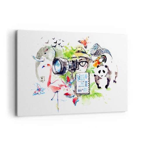 Impression sur toile - Image sur toile - Des graphismes colorés sur le thème de la nature et du safari - 120x80cm - Dans l'objectif d'un voyageu - Décoration murale moderne pour le salon et la chambre ARTTOR