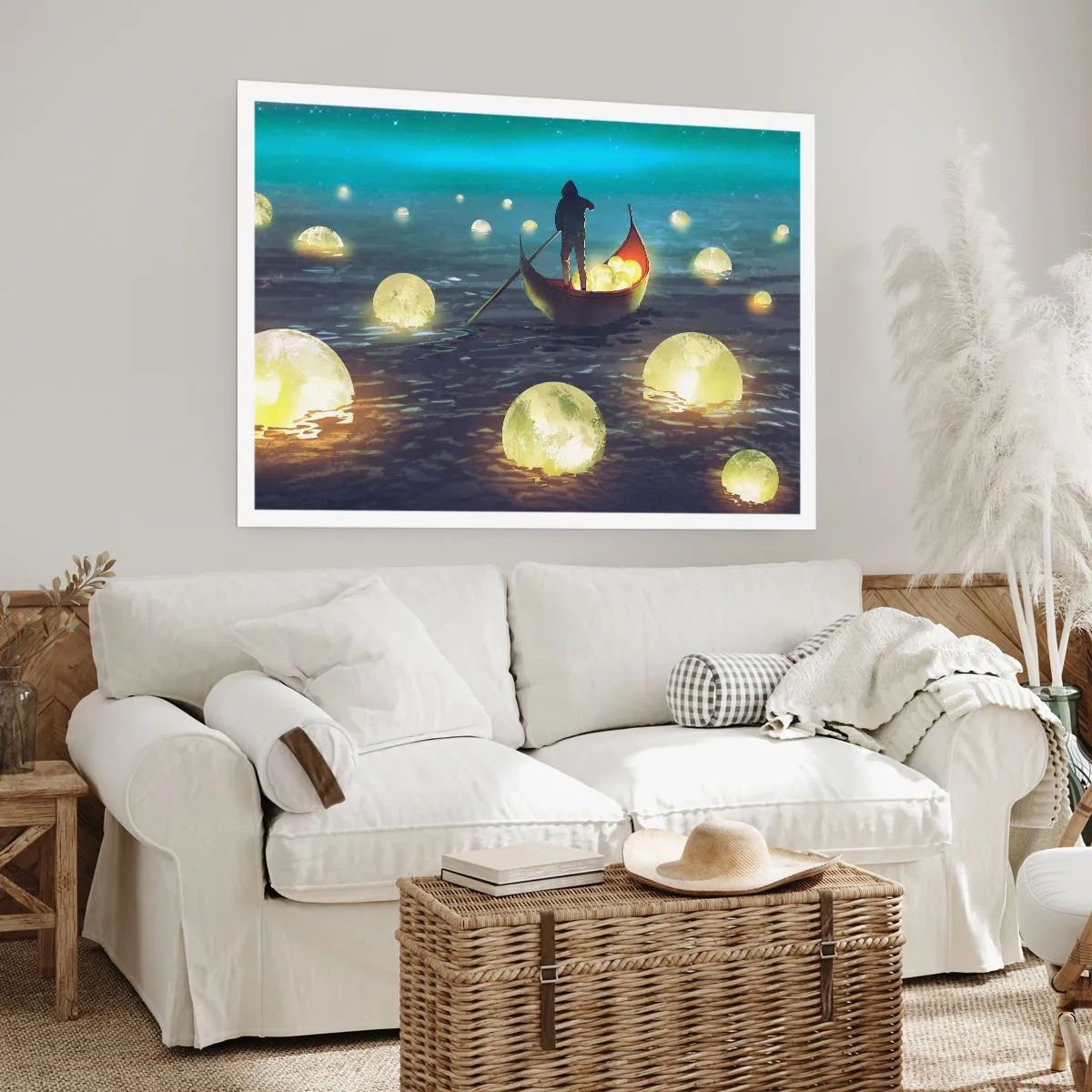 Affiche - Poster - Une silhouette dans un bateau entourée de boules lumineuses sur l'eau - 100x70cm - Des choses dont les philosophes n'ont jamais rêvé - Décoration murale moderne pour le salon et la chambre ARTTOR