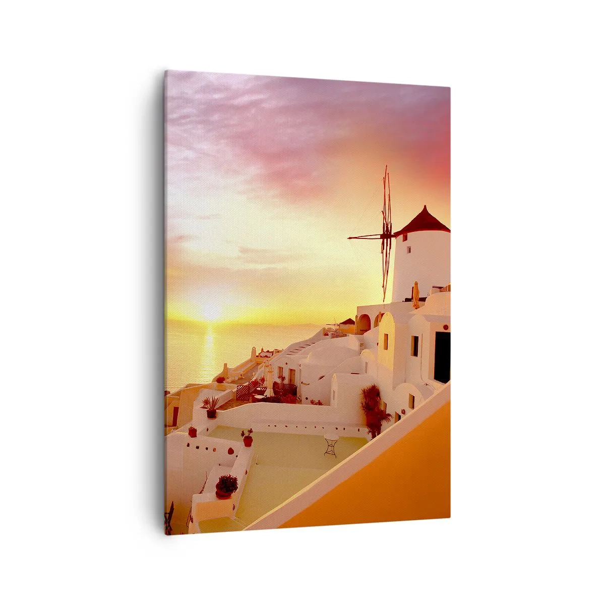 Impression sur toile - Image sur toile - Santorin au coucher du soleil avec un moulin à vent - 70x100cm - Fondre en blanc et or - Décoration murale moderne pour le salon et la chambre ARTTOR