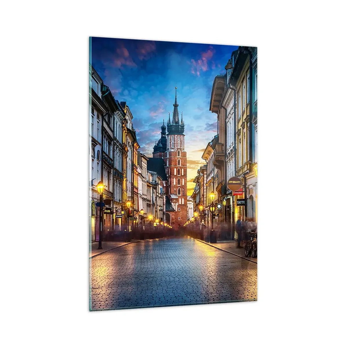 Impression sur verre - Image sur verre - Rue du soir avec vue sur la cathédrale de Cracovie - 80x120cm - La magie de Cracovie - Décoration murale moderne pour le salon et la chambre ARTTOR