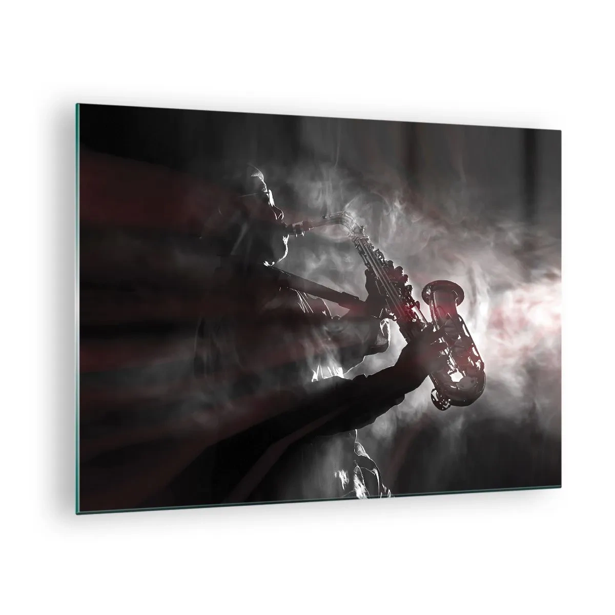 Impression sur verre - Image sur verre - Saxophoniste dans un nuage de fumée en noir et blanc - 70x50cm - Dans les brumes du jazz - Décoration murale moderne pour le salon et la chambre ARTTOR