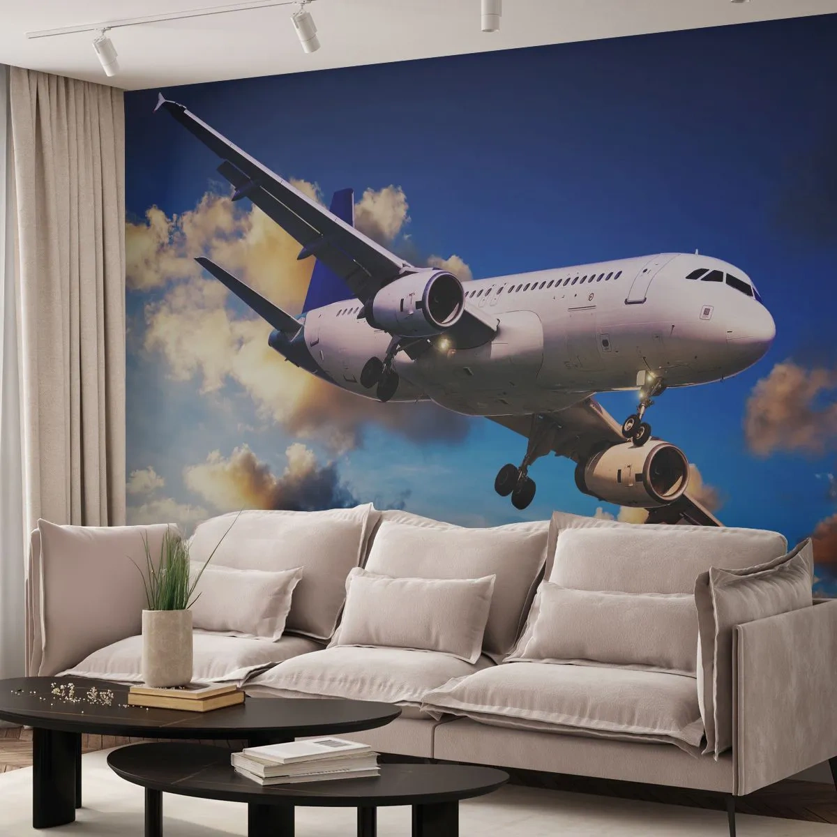 Papier Peint Autocollant Deluxe Sticker - Un voyage en blanc et bleu ciel - Avion, Voyage, Ciel avec nuages - 250x175 cm