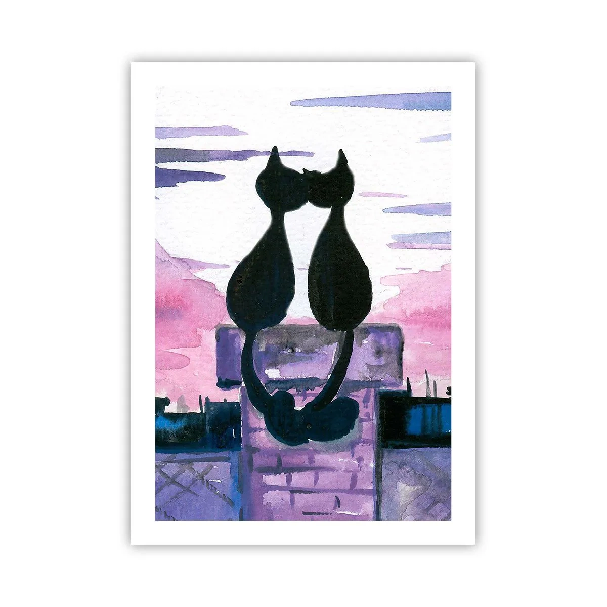 Affiche - Poster - Deux chats noirs contre un ciel rose-violet - 50x70cm - Rendez-vous sous la lune - Décoration murale moderne pour le salon et la chambre ARTTOR