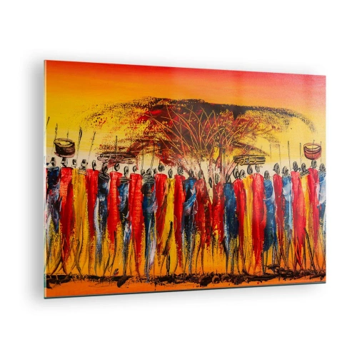 Impression sur verre - Image sur verre - Une scène colorée avec des gens en costumes traditionnels africains - 70x50cm - Là-bas, là-bas, ils vont là-bas - Décoration murale moderne pour le salon et la chambre ARTTOR