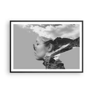 Affiche dans un cadre noir - Poster - Une composition en noir et blanc avec une silhouette de femme et un paysage de montagne. - 100x70cm - Portrait de montagnes et nuages - Décoration murale moderne pour le salon et la chambre ARTTOR