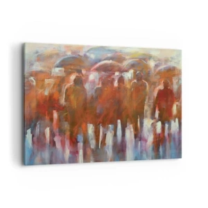 Impression sur toile - Image sur toile - Une foule de personnes avec des parapluies dans un décor pluvieux et artistique - 100x70cm - Identiques sous la pluie et dans le brouillard - Décoration murale moderne pour le salon et la chambre ARTTOR