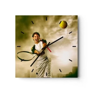 Horloge murale - Pendule murale - Joueur de tennis en action lors d'un match avec en toile de fond un paysage urbain - 30x30cm - Énergie et joie - Décoration murale moderne pour le salon et la chambre ARTTOR