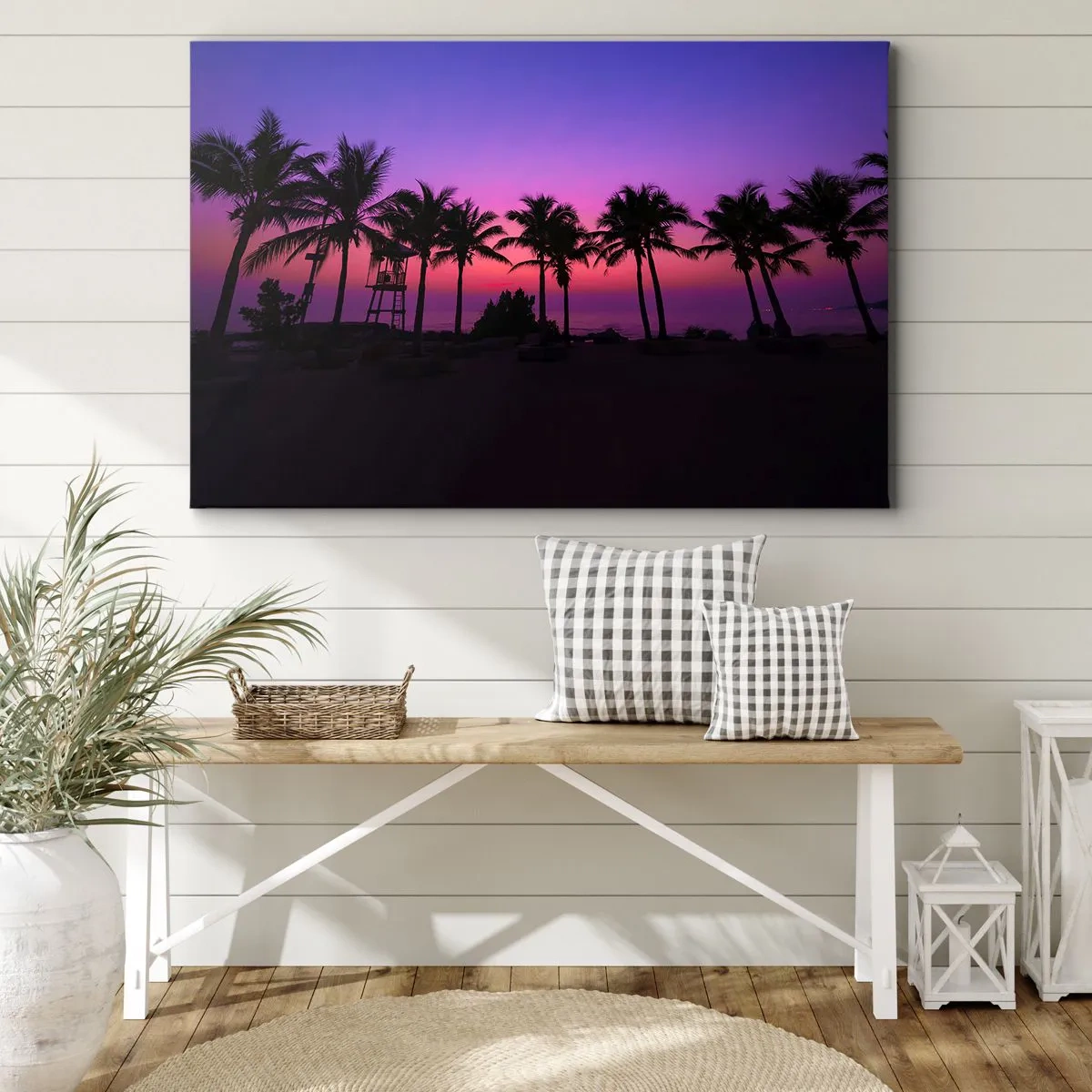 Impression sur toile - Image sur toile - Silhouettes de palmiers sur un ciel de coucher de soleil rose-violet - 100x70cm - Soirée sous les palmiers - Décoration murale moderne pour le salon et la chambre ARTTOR