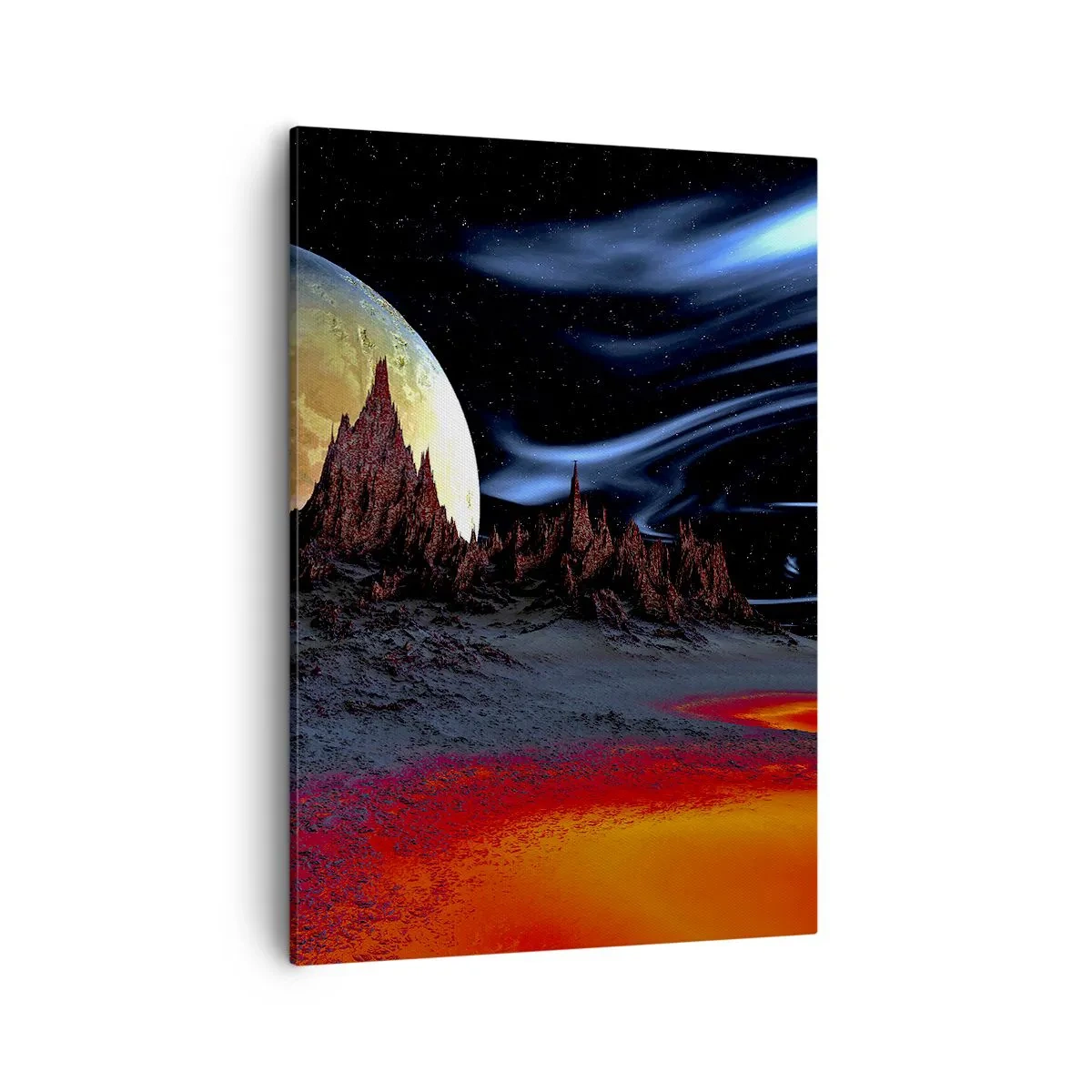 Impression sur toile - Image sur toile - Un paysage fantastique avec des planètes et des paysages volcaniques - 50x70cm - Monde inconnu - Décoration murale moderne pour le salon et la chambre ARTTOR