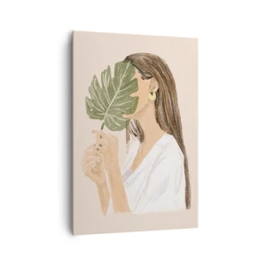 Impression sur toile - Image sur toile - Portrait d'une femme avec une feuille de monstera sur fond beige - 70x100cm - Portrait mystérieux avec un éventail - Décoration murale moderne pour le salon et la chambre ARTTOR