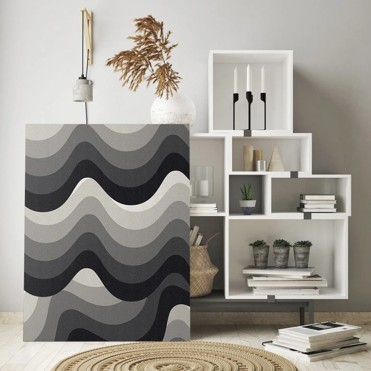 Impression sur verre - Image sur verre - Motifs ondulés noirs et blancs dans des tons de gris - 80x120cm - Vague après vague - Décoration murale moderne pour le salon et la chambre ARTTOR