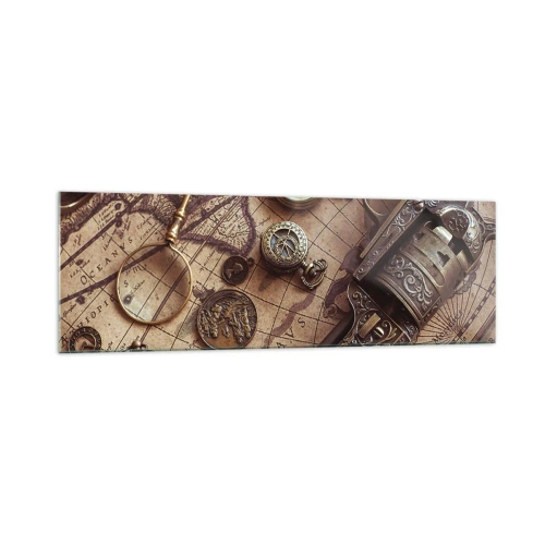 Impression sur verre - Image sur verre - Objets anciens sur une vieille carte dans un style rétro - 160x50cm - L'aventure appelle - Décoration murale moderne pour le salon et la chambre ARTTOR