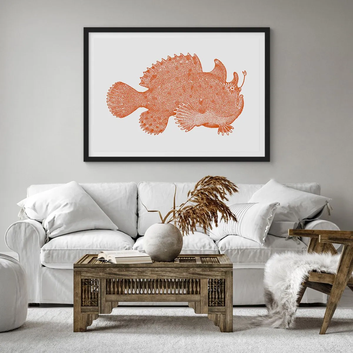 Affiche dans un cadre noir - Poster - Dessin détaillé d'un poisson cuivré sur fond blanc - 70x50cm - Et pourtant un poisson - Décoration murale moderne pour le salon et la chambre ARTTOR