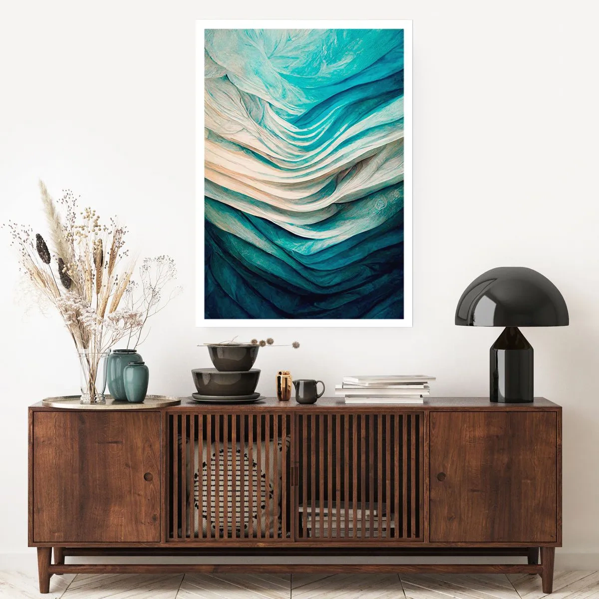 Affiche - Poster - Composition abstraite de vagues dans les tons bleus et beiges - 50x70cm - Insatiabilité bleue - Décoration murale moderne pour le salon et la chambre ARTTOR