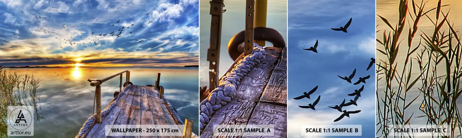 Échantillon de Papier Peint Autocollant Deluxe Sticker - Le vent se repose - Paysage, Lac, Pont de bois - 100x30 cm