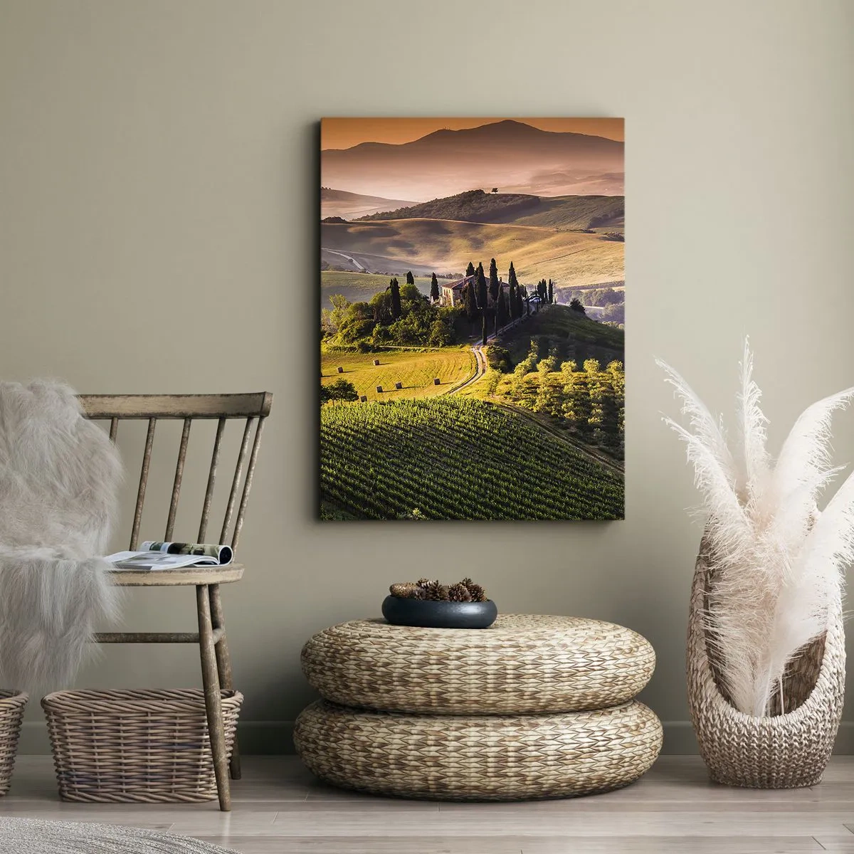 Impression sur toile - Image sur toile - Paysage toscan avec des vignes et une maison sur une colline - 70x100cm - Arcadie - le paysage toscan - Décoration murale moderne pour le salon et la chambre ARTTOR