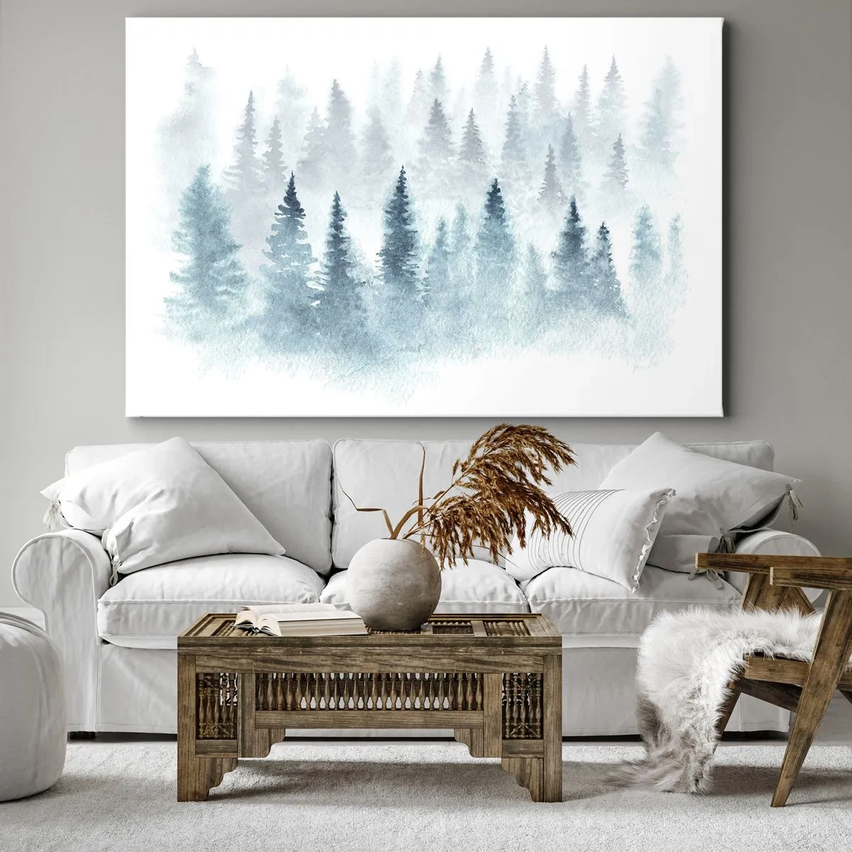 Impression sur toile - Image sur toile - Forêts de conifères baignées d'un brouillard délicat - 100x70cm - Enveloppé de brouillard - Décoration murale moderne pour le salon et la chambre ARTTOR