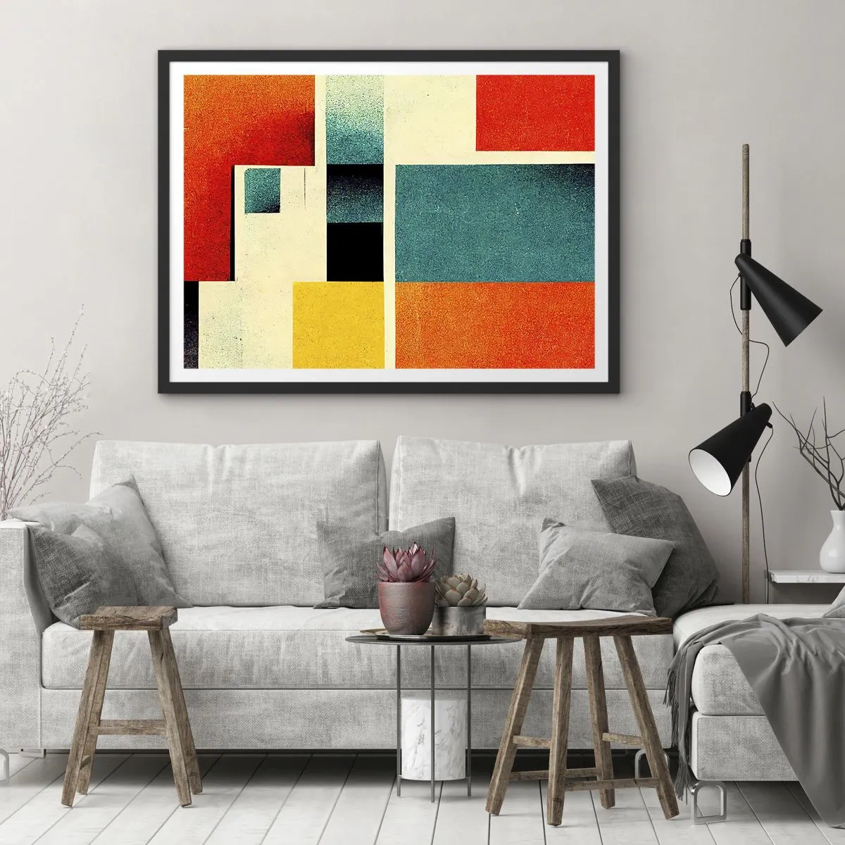 Affiche dans un cadre noir - Poster - Abstraction géométrique avec des rectangles et des carrés colorés - 70x50cm - Abstraction géométrique – bonne énergie - Décoration murale moderne pour le salon et la chambre ARTTOR