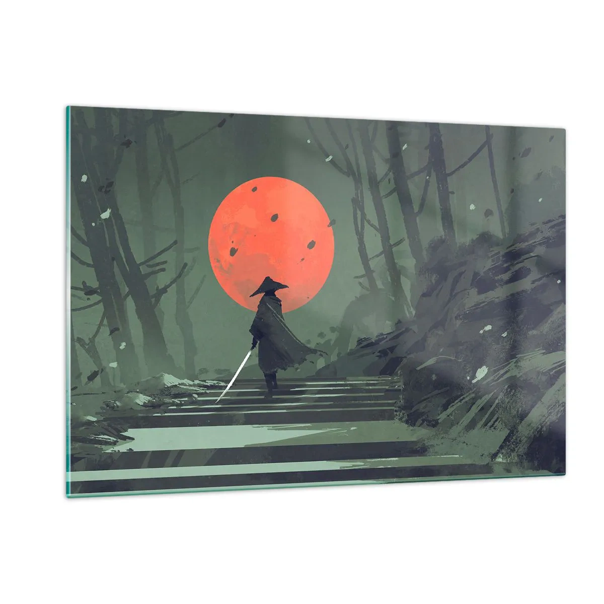 Impression sur verre - Image sur verre - Un guerrier solitaire avec une épée dans la forêt sur fond de lune rouge. - 120x80cm - Guerrier de la lune rouge - Décoration murale moderne pour le salon et la chambre ARTTOR