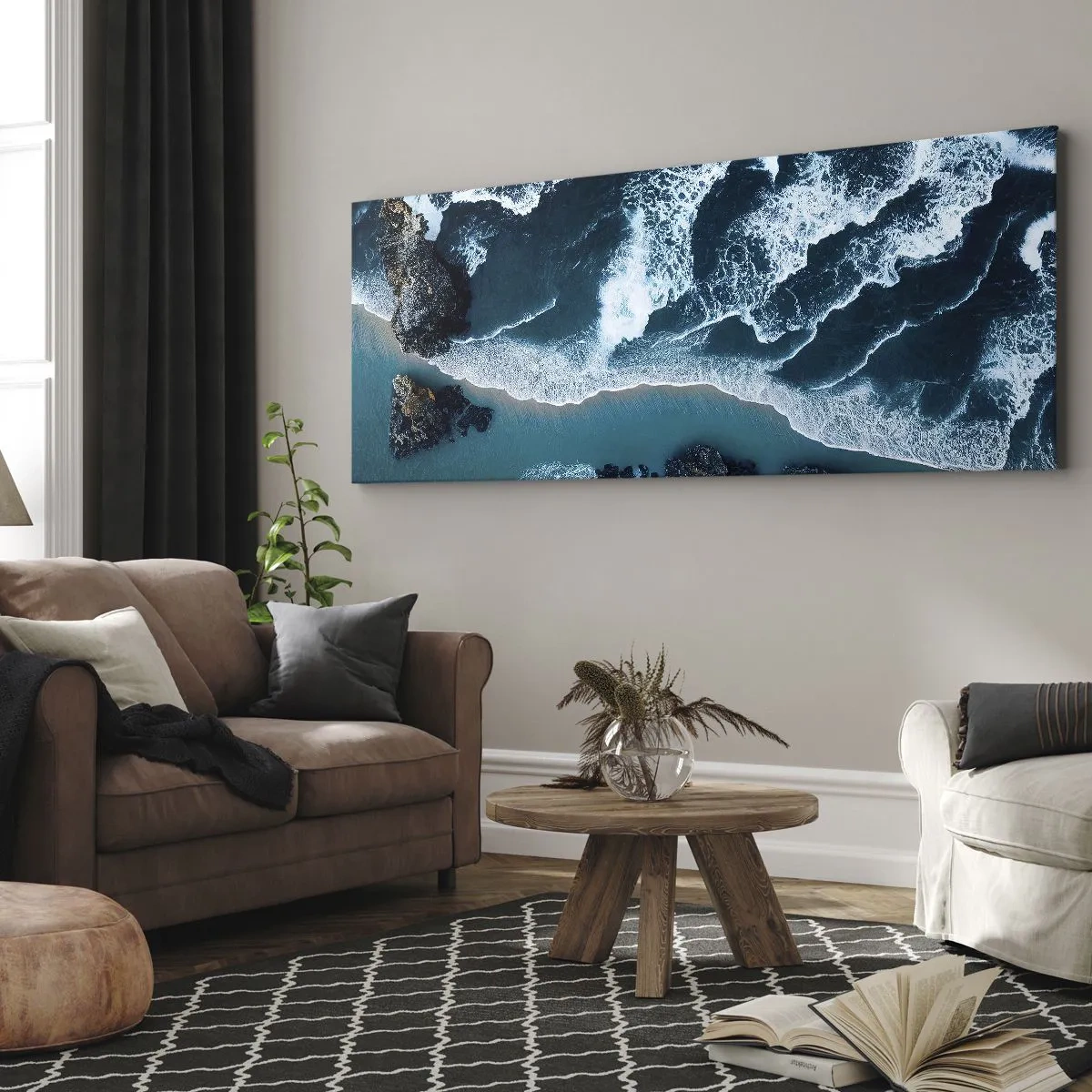Impression sur toile - Image sur toile - Vue aérienne des vagues s'écrasant sur le rivage - 160x50cm - Enveloppé par les vagues - Décoration murale moderne pour le salon et la chambre ARTTOR