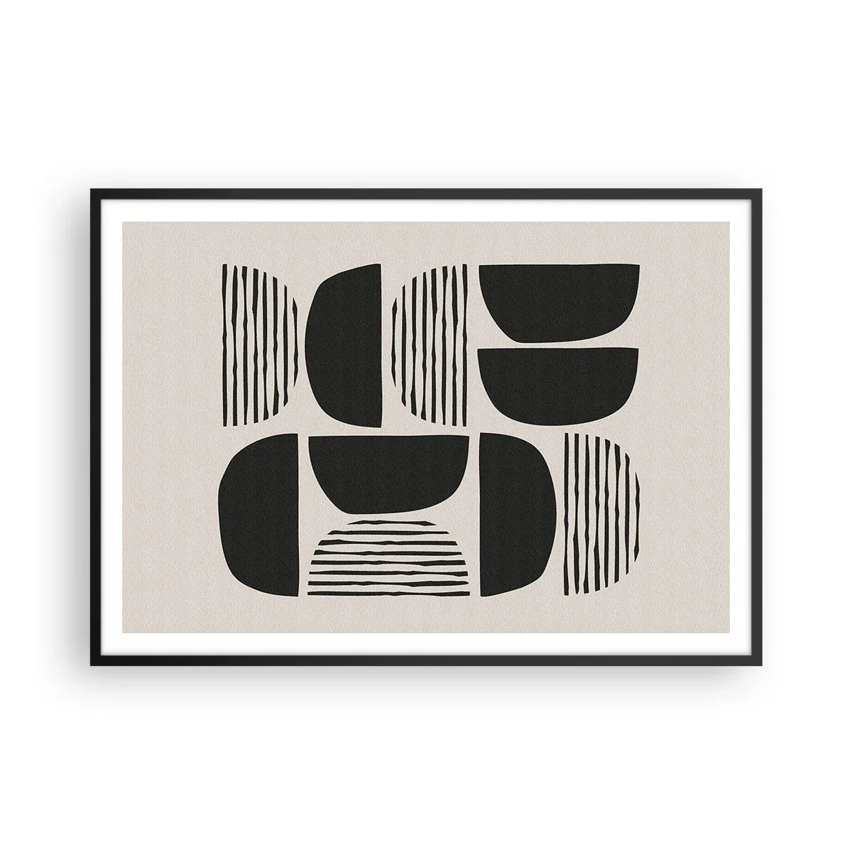 Affiche dans un cadre noir - Poster - Géométrie avec demi-cercles et lignes en noir sur fond clair - 100x70cm - Offres sans enthousiasme - Décoration murale moderne pour le salon et la chambre ARTTOR