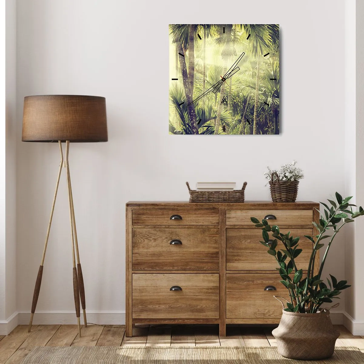 Horloge murale - Pendule murale - Rayons de soleil dans une forêt tropicale de palmiers - 30x30cm - Nature enflammée - Décoration murale moderne pour le salon et la chambre ARTTOR