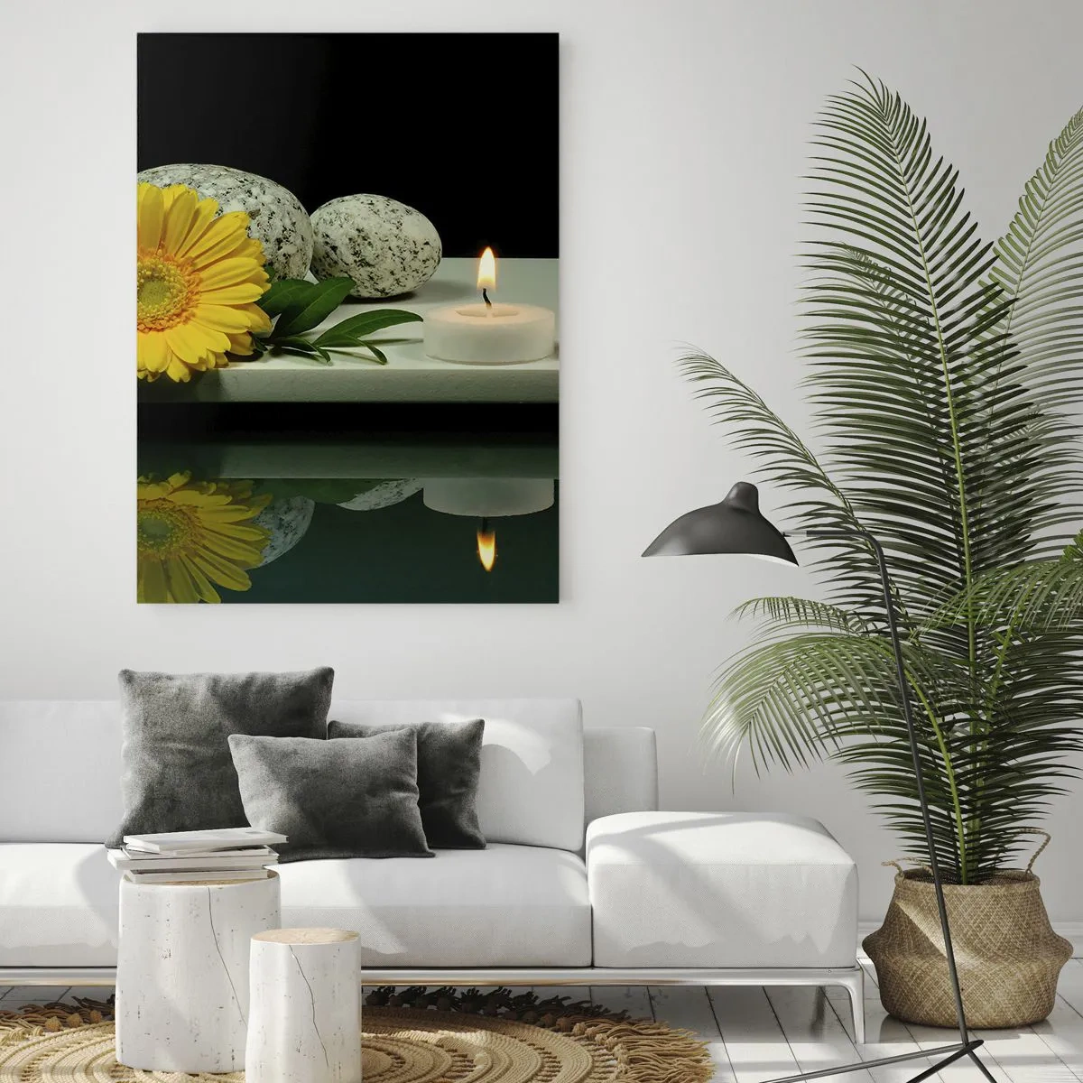 Impression sur verre - Image sur verre - Des bougies, des pierres et une fleur jaune se reflètent dans l'eau - 50x70cm - Apaisement des sens - Décoration murale moderne pour le salon et la chambre ARTTOR