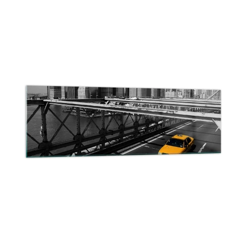 Impression sur verre - Image sur verre - Taxi jaune sur un pont avec vue sur les toits de New York - 160x50cm - Couleur de la grande ville - Décoration murale moderne pour le salon et la chambre ARTTOR