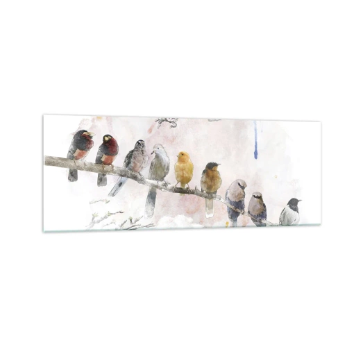 Impression sur verre - Image sur verre - Oiseaux colorés sur une branche dans un style aquarelle - 140x50cm - Rencontre ailée - Décoration murale moderne pour le salon et la chambre ARTTOR