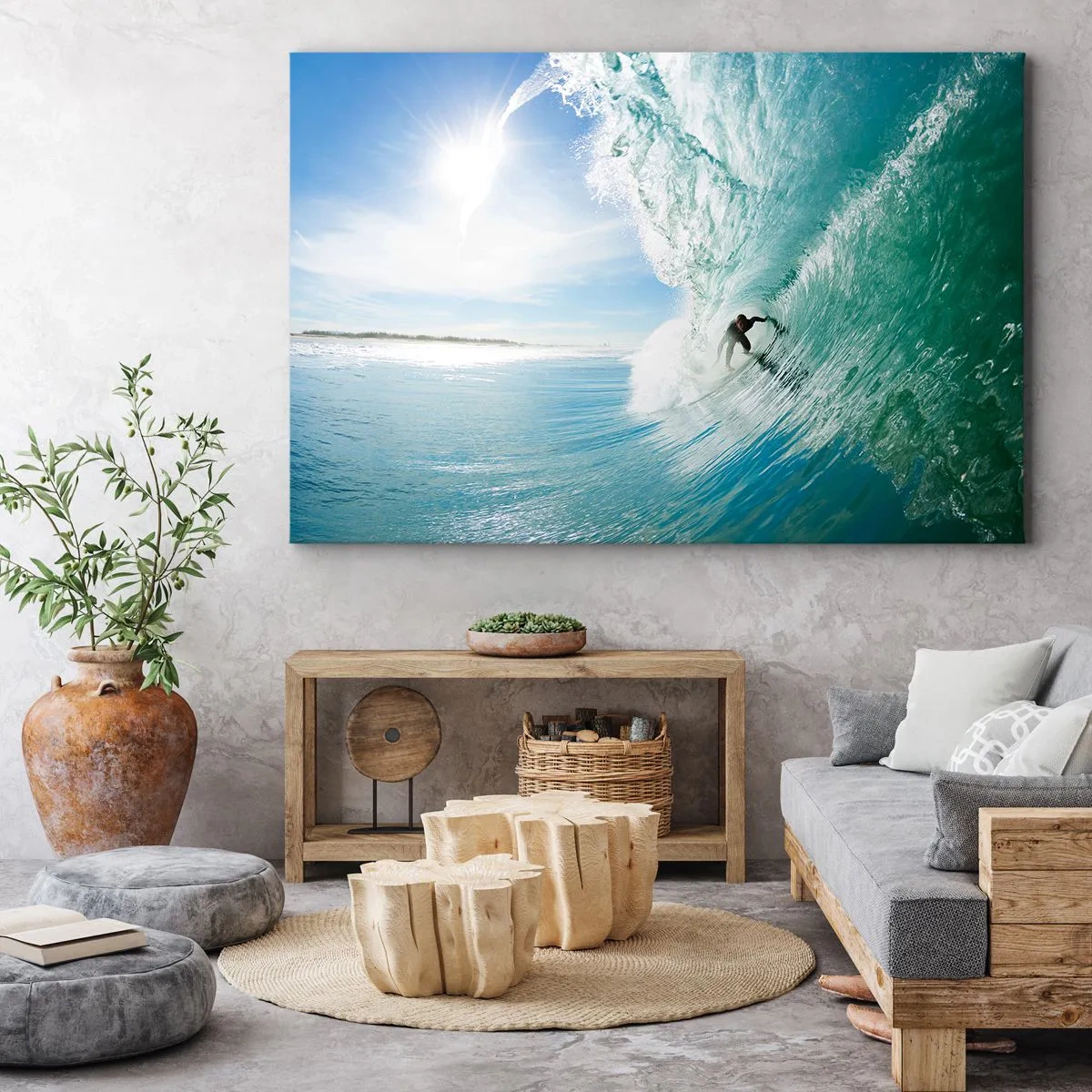 Impression sur toile - Image sur toile - Un surfeur chevauchant une vague au soleil contre un ciel bleu - 100x70cm - Toujours sur la vague - Décoration murale moderne pour le salon et la chambre ARTTOR