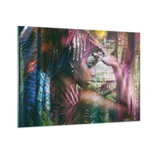 Impression sur verre - Image sur verre - Portrait d'une femme parmi les feuilles tropicales et les reflets de lumière. - 100x70cm - Dame Nature dans la jungle - Décoration murale moderne pour le salon et la chambre ARTTOR