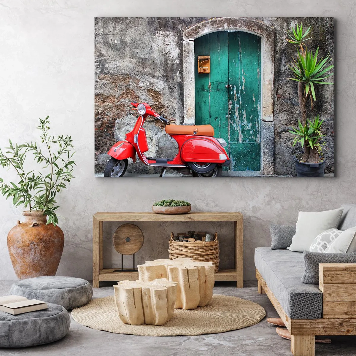 Impression sur toile - Image sur toile - Scooter rouge près de la porte verte - 100x70cm - Vacances italiennes - Décoration murale moderne pour le salon et la chambre ARTTOR